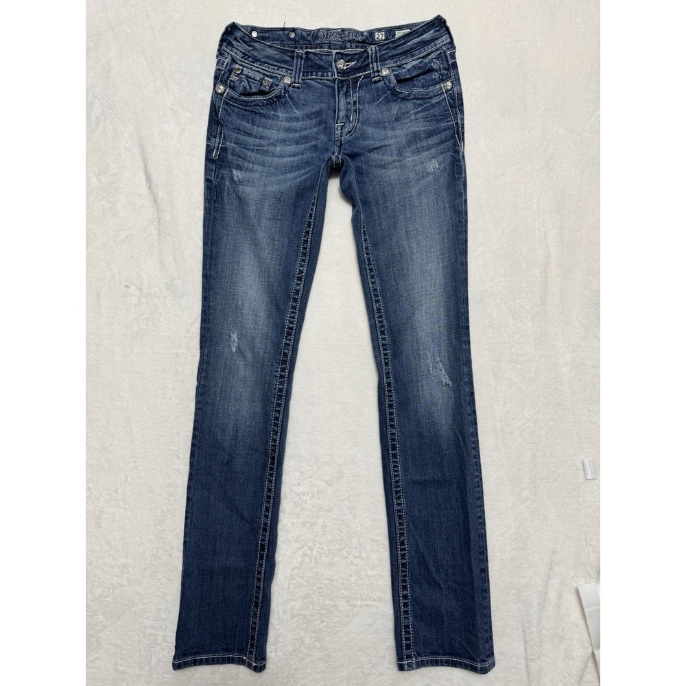 Miss Me Womens Straight Leg Jeans Medium Wash Embroidered Mid Rise Sz 27